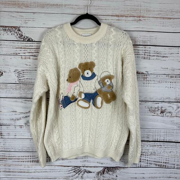 Women's VTG Cream TOGETHER! Bear Embroidered Print Granny Sweater Cable Knit MED - Picture 1 of 8